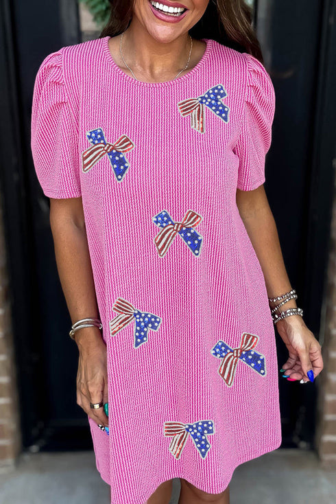 Patriotic Sparkle Sequin Bow Flag Inspired Puff Sleeve Textured Knit Tee Dress